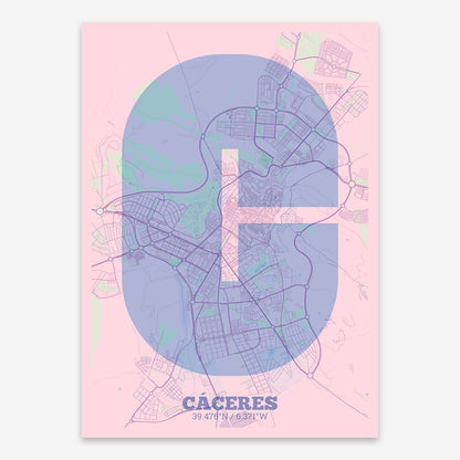 The map of Caceres composed with letters in a heavy geometric font printed on pink and light blue