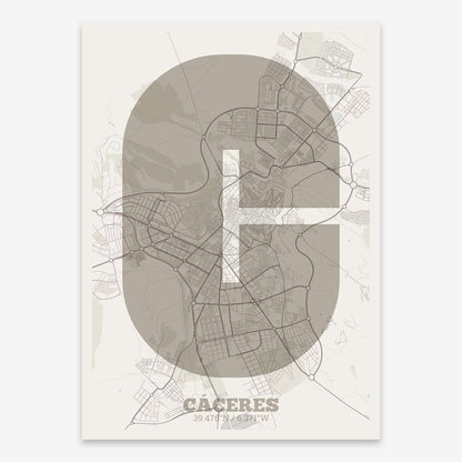 The map of Caceres composed with letters in a heavy geometric font printed on light brown and an off-white background