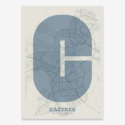 The map of Caceres composed with letters in a heavy geometric font printed on bluish gray and an off-white background