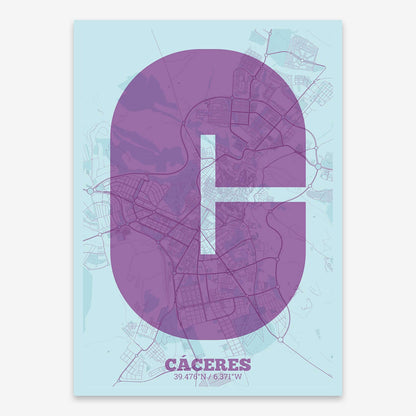 The map of Caceres composed with letters in a heavy geometric font printed on purple and light blue