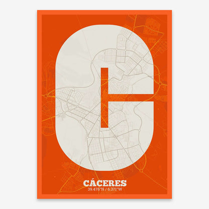 The map of Caceres composed with letters in a heavy geometric font printed on orange and an off-white background