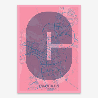 The map of Caceres composed with letters in a heavy geometric font printed on violet y pink background