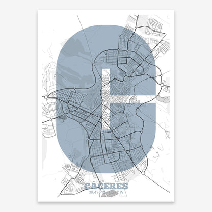 The map of Caceres composed with letters in a heavy geometric font printed on black and white