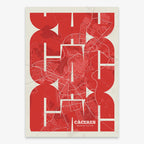 Poster of Caceres composed with letters from its abbreviation or its airport IATA code printed on red and an off-white background