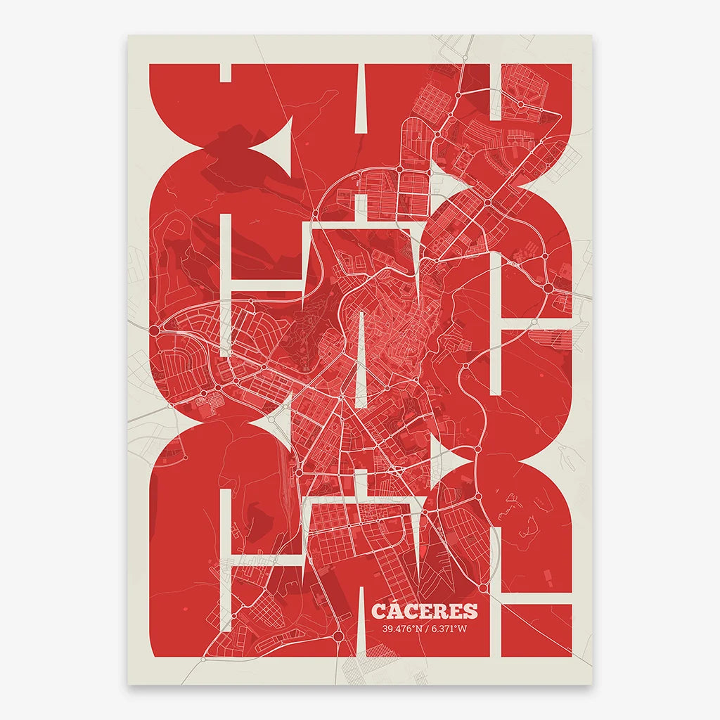 Poster of Caceres composed with letters from its abbreviation or its airport IATA code printed on red and an off-white background