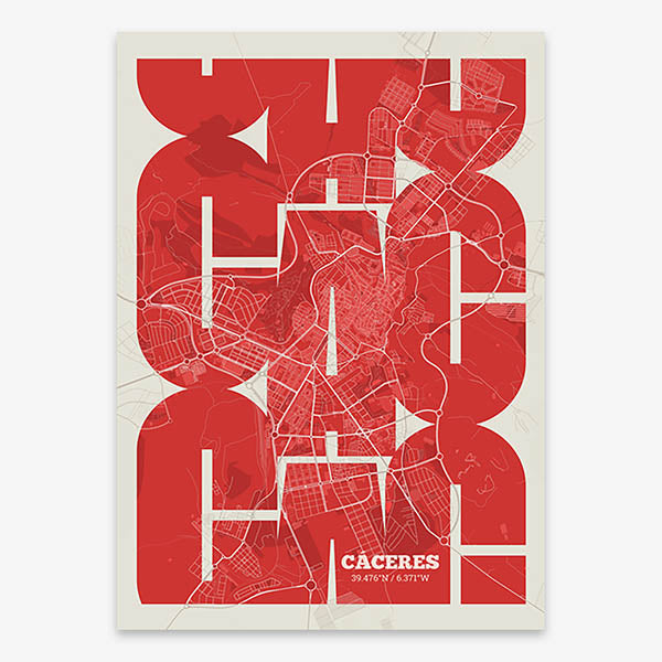 Poster of Caceres composed with letters from its abbreviation or its airport IATA code printed on red and an off-white background