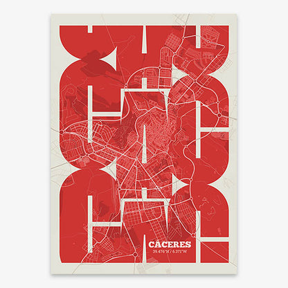 Poster of Caceres composed with letters from its abbreviation or its airport IATA code printed on red and an off-white background