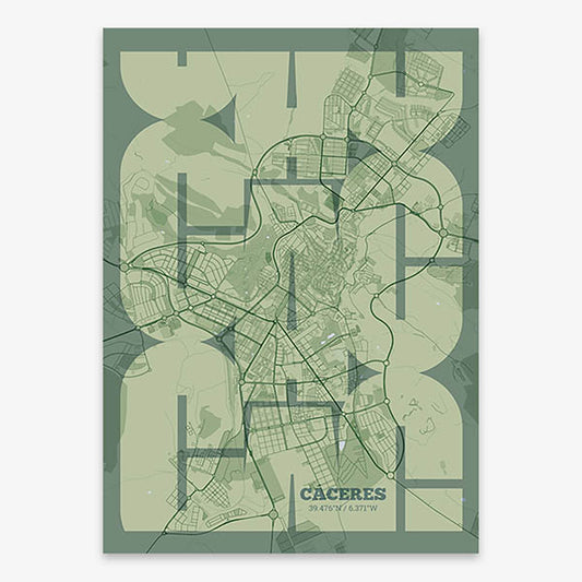 Poster of Caceres composed with letters from its abbreviation or its airport IATA code printed on two green tones