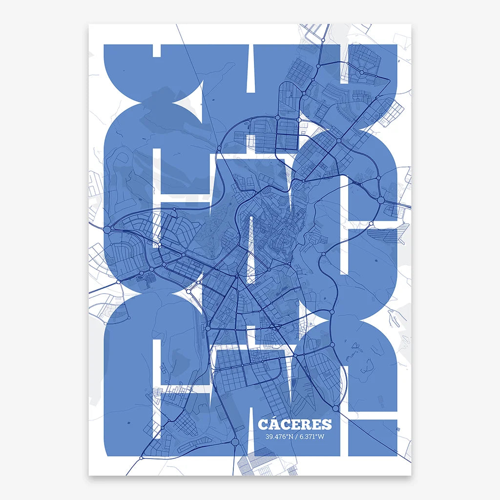 Poster of Caceres composed with letters from its abbreviation or its airport IATA code printed on navy blue and white