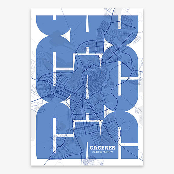 Poster of Caceres composed with letters from its abbreviation or its airport IATA code printed on navy blue and white