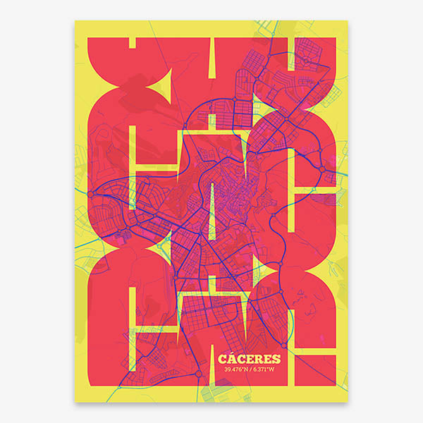 Poster of Caceres composed with letters from its abbreviation or its airport IATA code printed on yellow and fuchsia