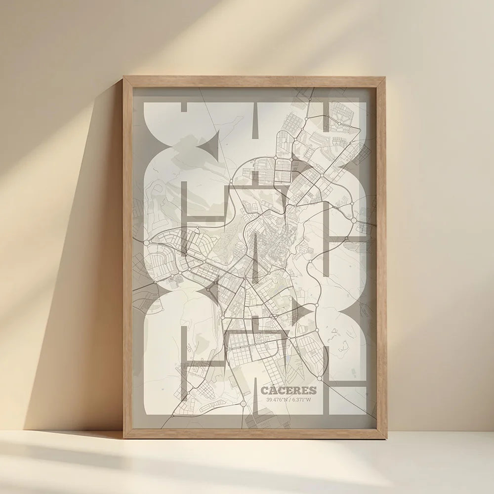 Póster artístico de Cáceres con tipografía geométrica - Decoración personalizada