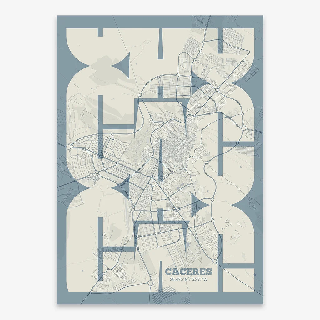 Poster of Caceres composed with letters from its abbreviation or its airport IATA code printed on bluish gray and an off-white background