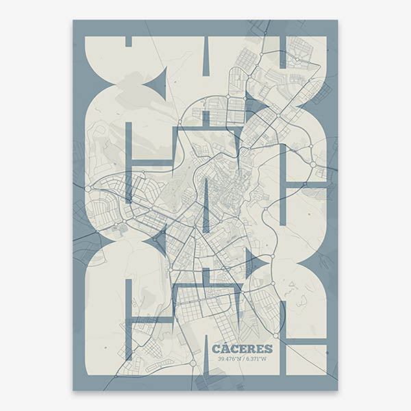 Poster of Caceres composed with letters from its abbreviation or its airport IATA code printed on bluish gray and an off-white background