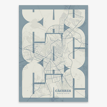 Poster of Caceres composed with letters from its abbreviation or its airport IATA code printed on bluish gray and an off-white background