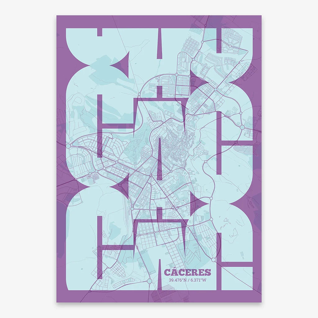 Poster of Caceres composed with letters from its abbreviation or its airport IATA code printed on purple and light blue