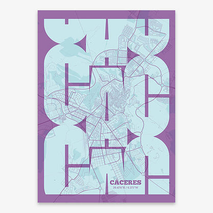 Poster of Caceres composed with letters from its abbreviation or its airport IATA code printed on purple and light blue