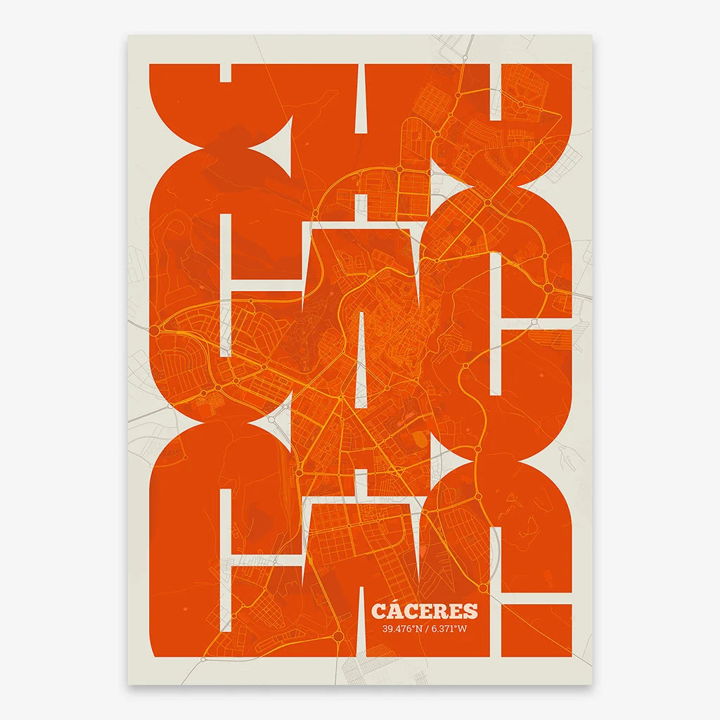 Poster of Caceres composed with letters from its abbreviation or its airport IATA code printed on orange and an off-white background