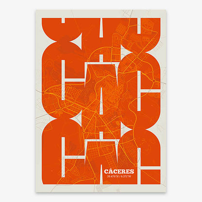 Poster of Caceres composed with letters from its abbreviation or its airport IATA code printed on orange and an off-white background