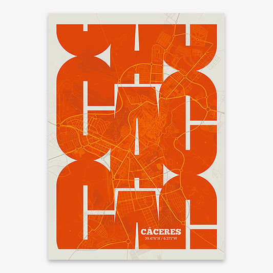 Poster of Caceres composed with letters from its abbreviation or its airport IATA code printed on orange and an off-white background