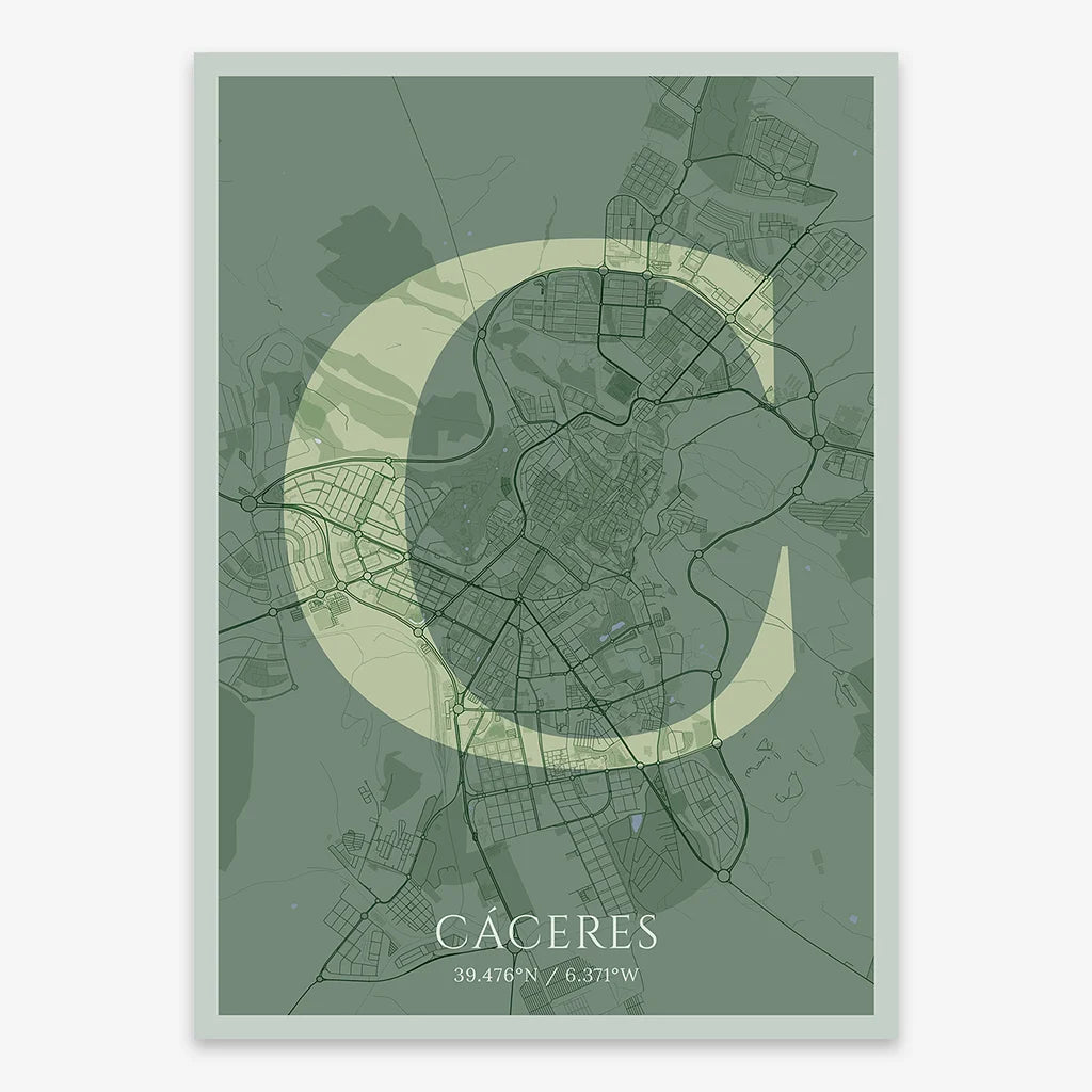 Decorative map of Caceres composed with letters in serif font printed on two green tones