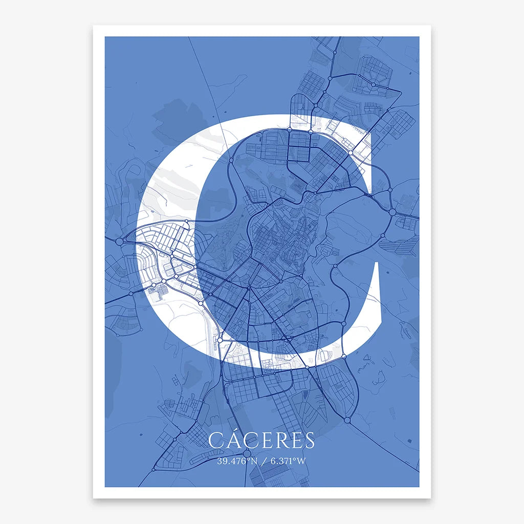 Decorative map of Caceres composed with letters in serif font printed on navy blue and white