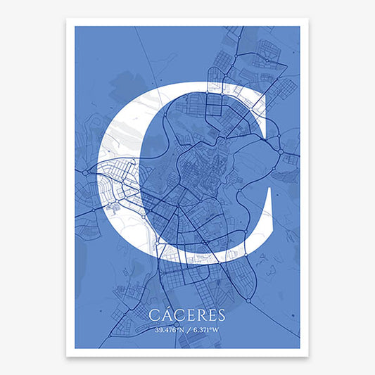 Decorative map of Caceres composed with letters in serif font printed on navy blue and white