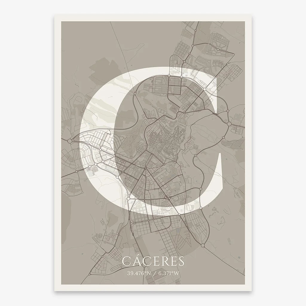 Decorative map of Caceres composed with letters in serif font printed on light brown and an off-white background