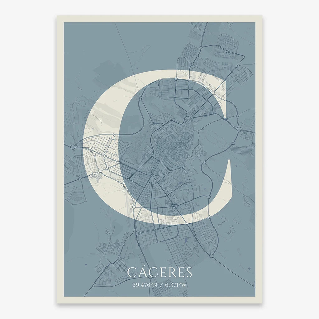 Decorative map of Caceres composed with letters in serif font printed on bluish gray and an off-white background