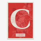 Decorative map of Caceres composed with letters in serif font printed on red and an off-white background