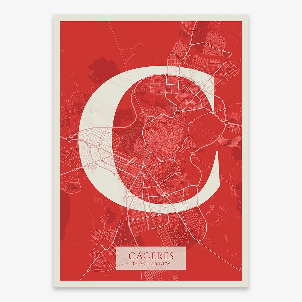 Decorative map of Caceres composed with letters in serif font printed on red and an off-white background
