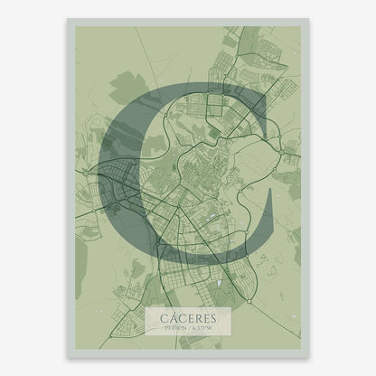 The map of Caceres composed with letters in serif font printed on two green tones