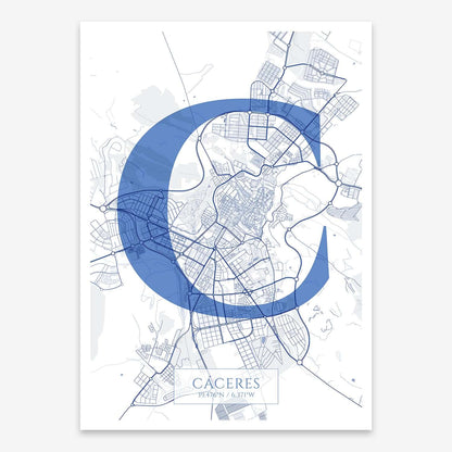 The map of Caceres composed with letters in serif font printed on navy blue and white