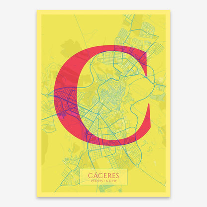 The map of Caceres composed with letters in serif font printed on yellow and fuchsia