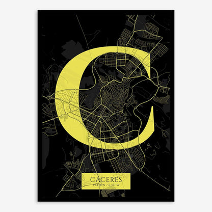 The map of Caceres composed with letters in serif font printed on black and yellow