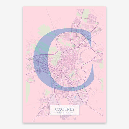 The map of Caceres composed with letters in serif font printed on pink and light blue