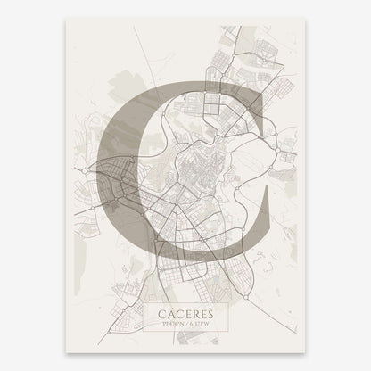 The map of Caceres composed with letters in serif font printed on light brown and an off-white background