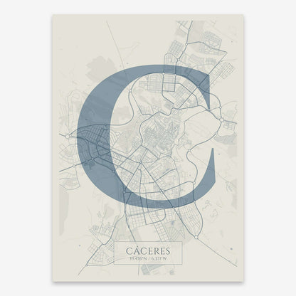 The map of Caceres composed with letters in serif font printed on bluish gray and an off-white background