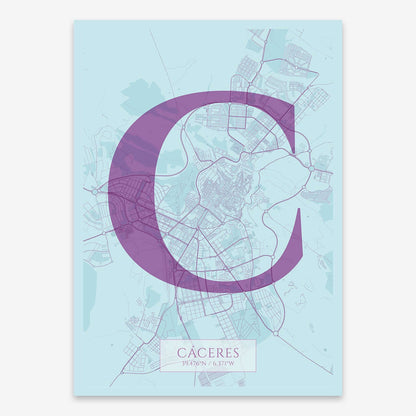 The map of Caceres composed with letters in serif font printed on purple and light blue
