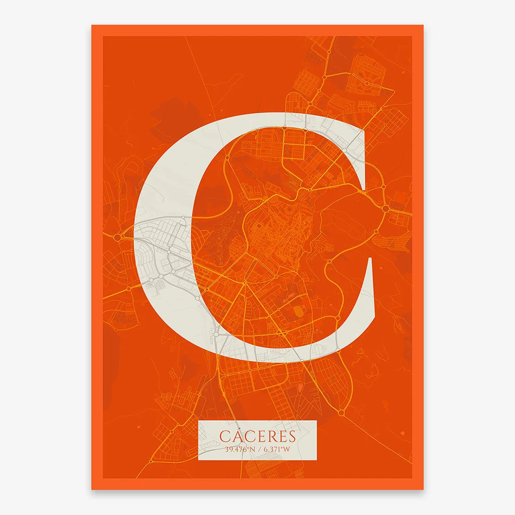 Decorative map of Caceres composed with letters in serif font printed on orange and an off-white background