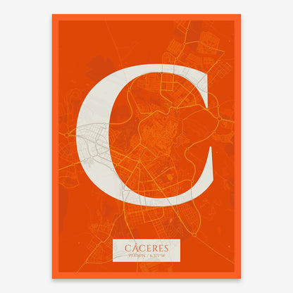 The map of Caceres composed with letters in serif font printed on orange and an off-white background