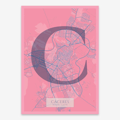 The map of Caceres composed with letters in serif font printed on violet y pink background