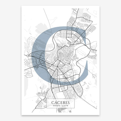 The map of Caceres composed with letters in serif font printed on black and white
