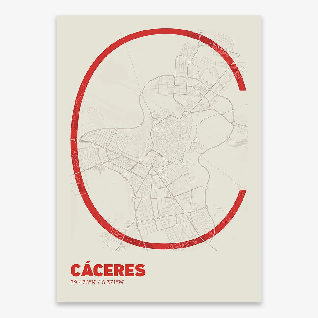 Poster of Caceres composed with letters in extra light font printed on red and an off-white background