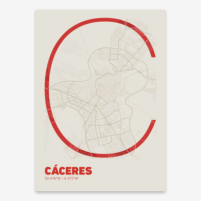 The map of Caceres composed with letters in extra light font printed on red and an off-white background