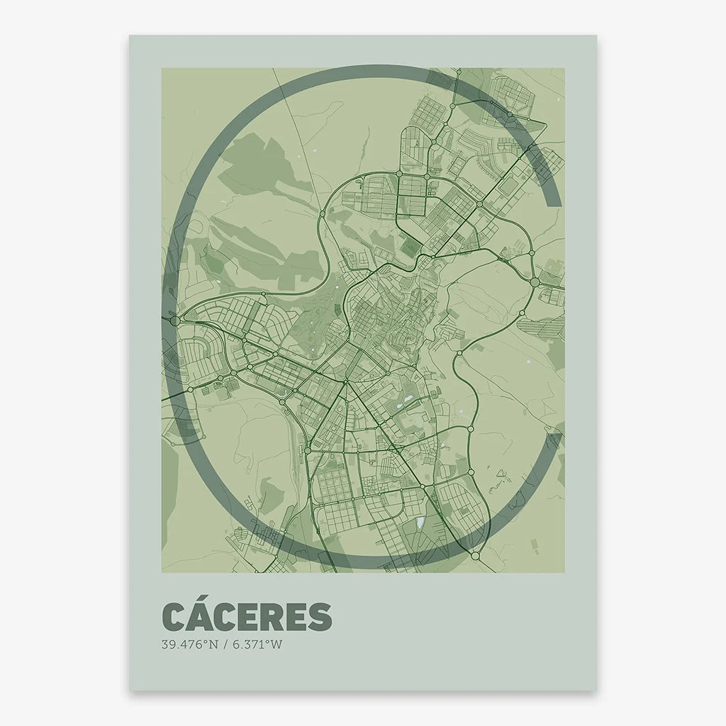Poster of Caceres composed with letters in extra light font printed on two green tones