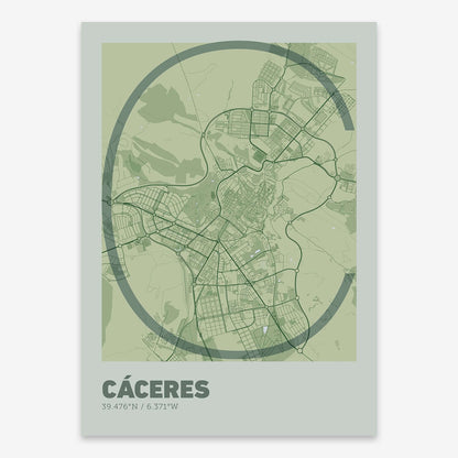 The map of Caceres composed with letters in extra light font printed on two green tones