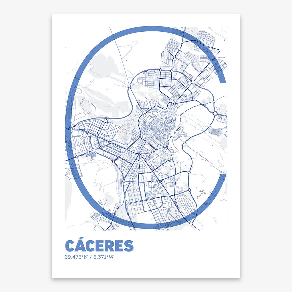 Poster of Caceres composed with letters in extra light font printed on navy blue and white