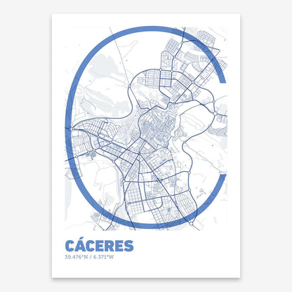 The map of Caceres composed with letters in extra light font printed on navy blue and white