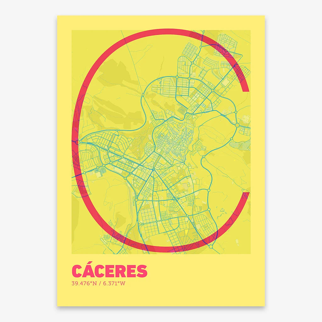 Poster of Caceres composed with letters in extra light font printed on yellow and fuchsia